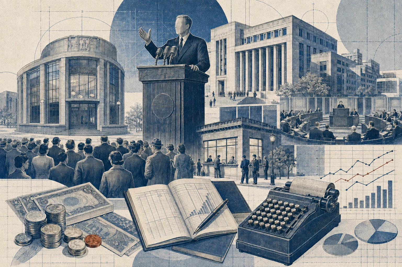Illustration of a political speech, the population, government institutions, and banks